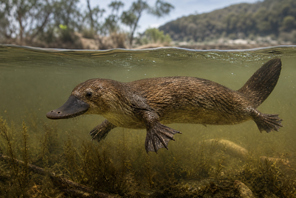 Reconstrução artística de mamífero semiaquático do Cretáceo com patas membranosas e cauda achatada nadando em um ambiente ribeirinho.