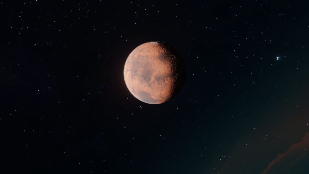 Marte visto de perto contra o fundo estrelado do espaço.