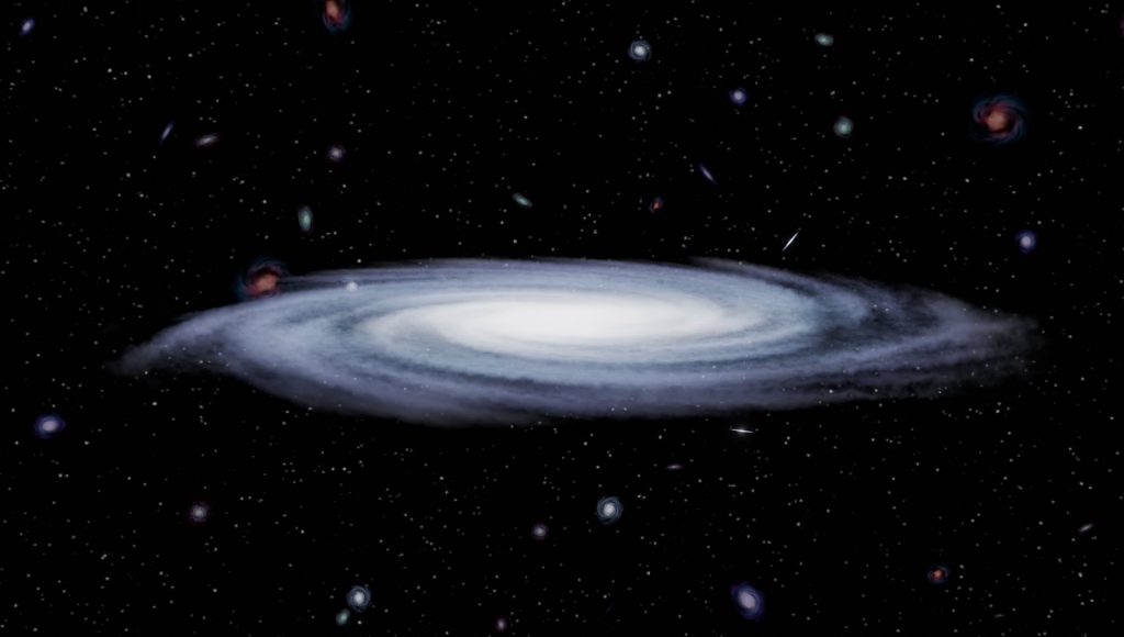 Como uma colisão cósmica desenhou uma “clave de sol” em ondas de rádio Ilustração de uma galáxia espiral cercada por estrelas e outras galáxias no espaço profundo.
