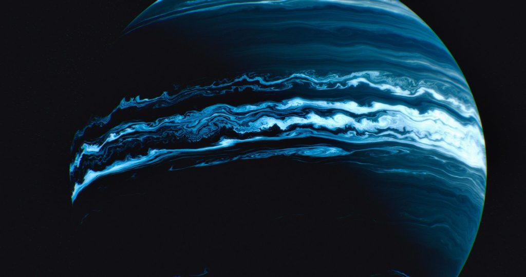 Ilustração digital de um mundo azul com formações de nuvens em espiral no espaço